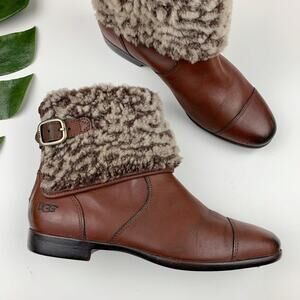 Ugg Inez Ankle Boots Brown Leather Shearling Foldover Cuff Women's 7.5